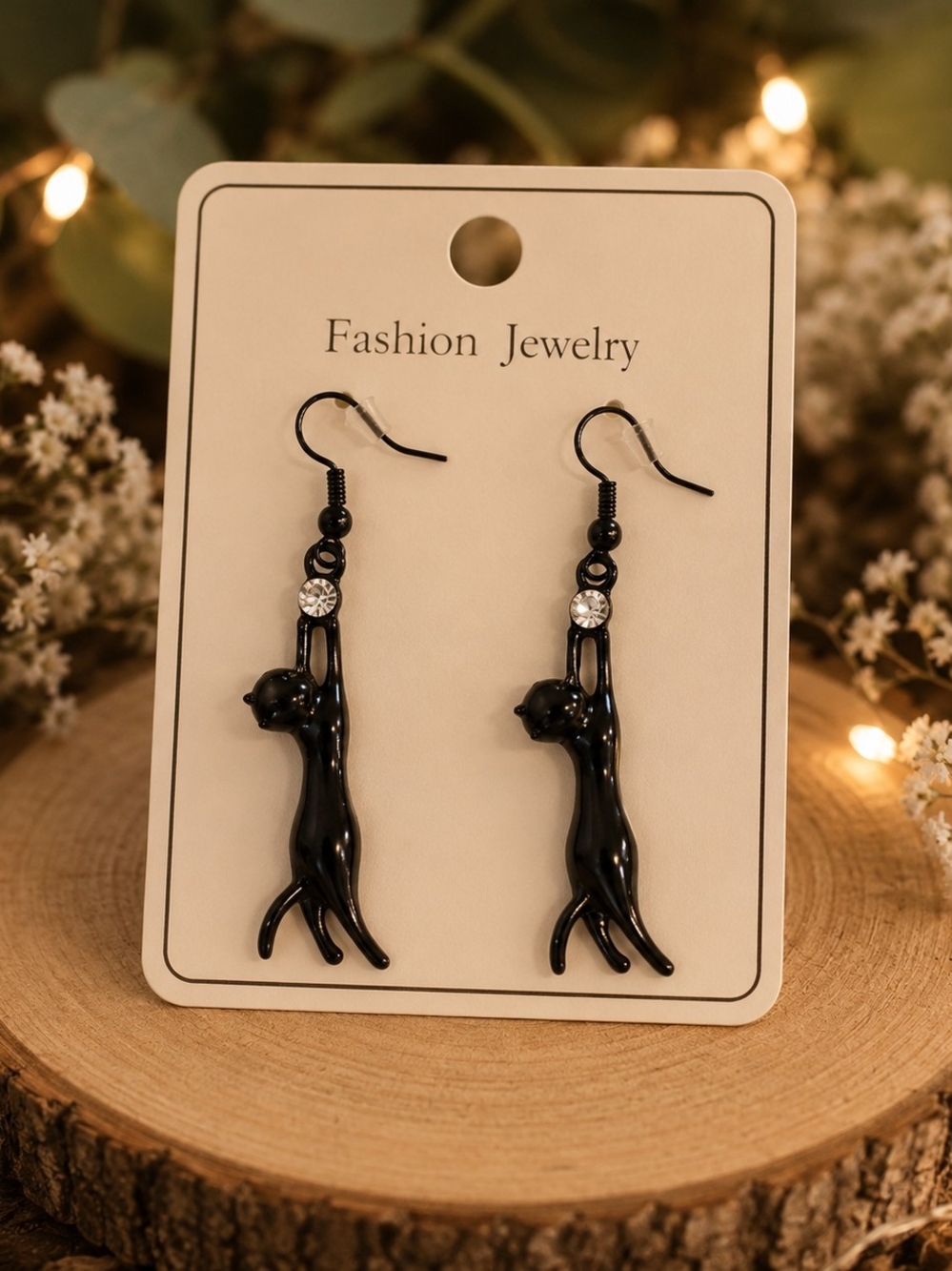 Black Cat Drop Dangle Earrings with Crystal Accent New